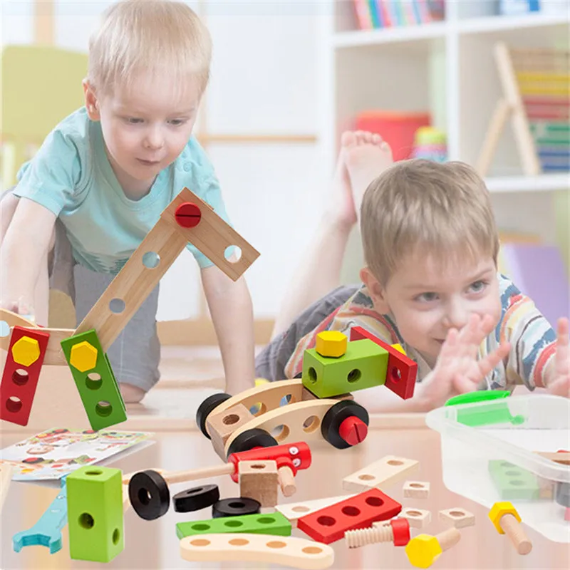 Montessori Kids Speelgoed Houten Gereedschapskist Alsof Speelset Kinderen Moer Schroef Assemblage Simulatie Timmerman Tool Jongen Educatieve Geschenken