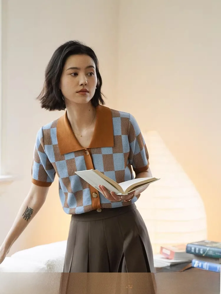 

V-Ne Knitted ort Sve irt Small Top with Floral Pattern Summer Cotton Blend Straight Cut Commute Sle Women's T...