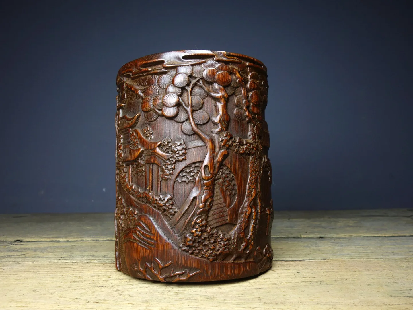 Classical bamboo carving precision carving rich mountain pen holder office desktop decoration ornaments