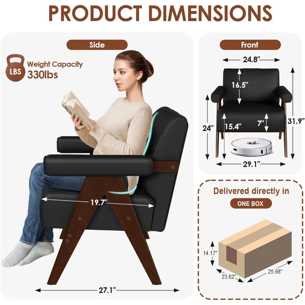 مجموعة كراسي JIASTING الحديثة لمنتصف القرن مكونة من قطعتين، كراسي مكتبية للقراءة من الجلد الأسود، كراسي صغيرة مريحة بذراع جانبي لـ L