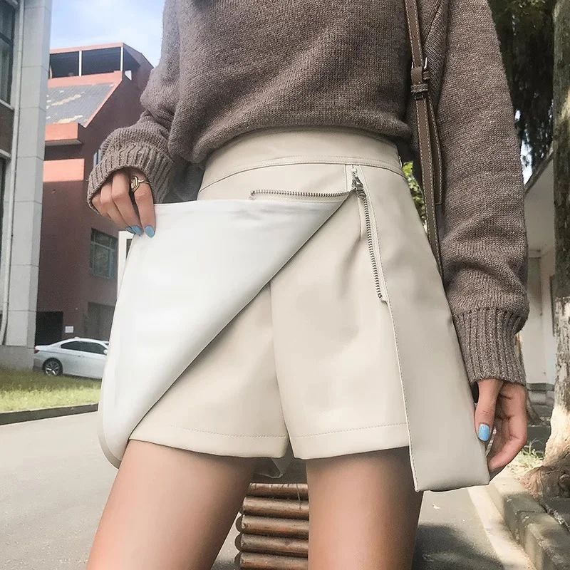 Autumn Winter Season Pu Leather Women Half Skirt High Waist Slim Fashion A- crotch Trendy Short Skirt Casual Style Korean Style