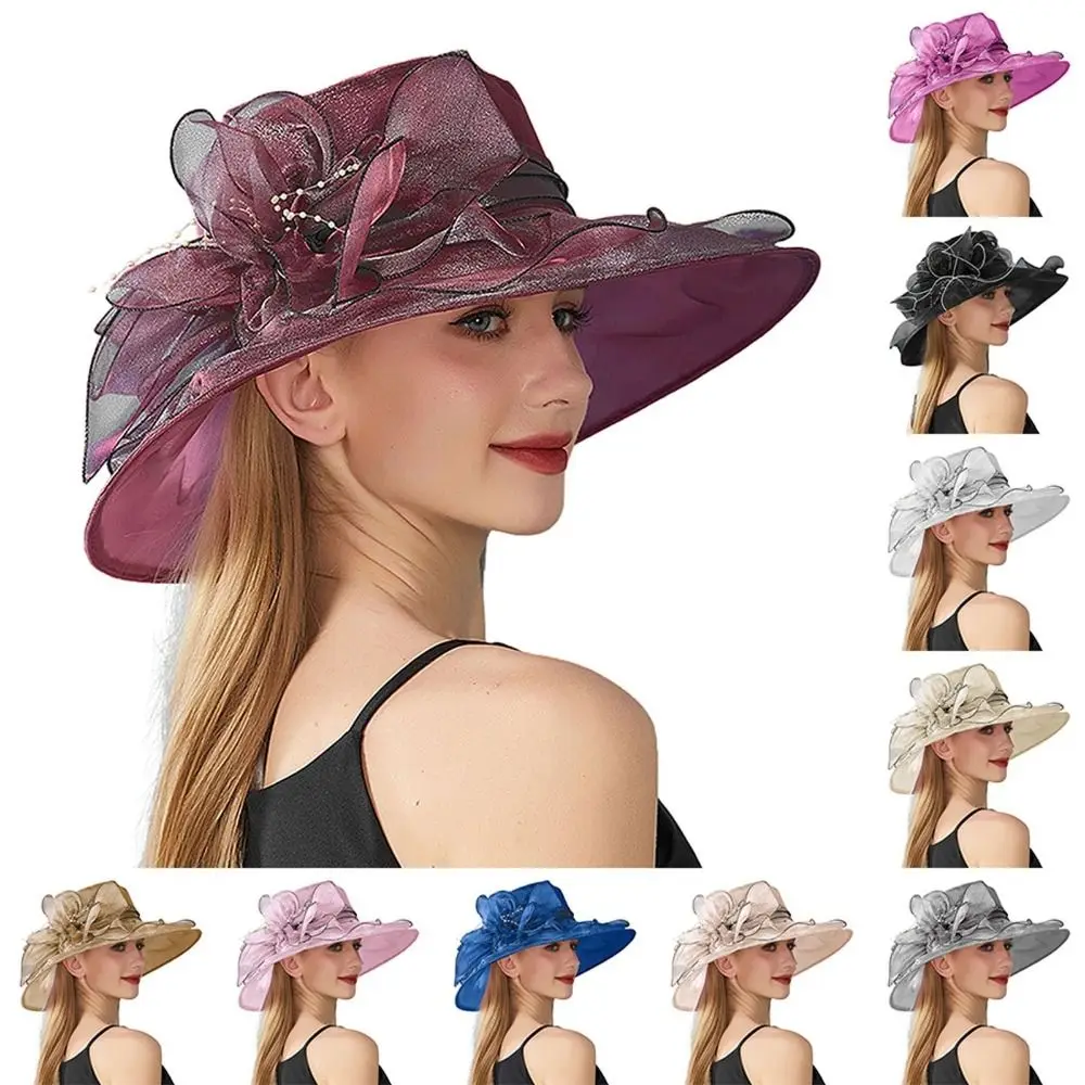Solid Color Flowers Women Derby Hat Wide Brim UV Protection Summer Ruffles Sun Hat Foldable Organza Bridal Tea Party Wedding Hat