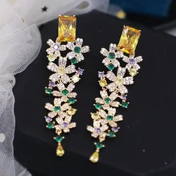 Bilincolor Fashion Cubic Zirconia Small  Flower Cluster Yellow Long Earring for Women