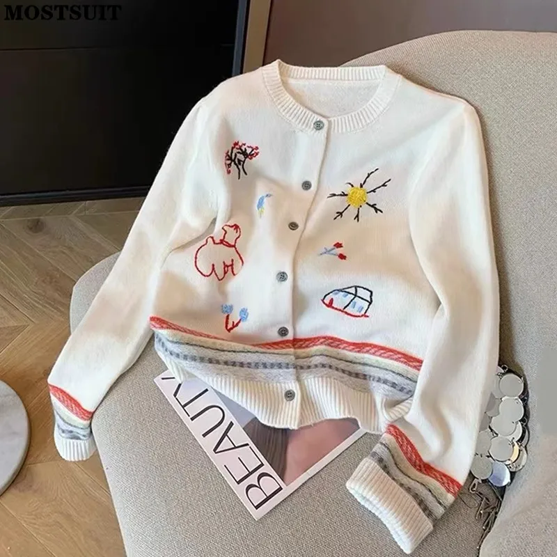 Autumn Winter Stylish Sweater Women Cardigan Tops Cartoon Embroidered Long Sleeve Knitwear Fashion Elegant Chic Ladies Jumpers