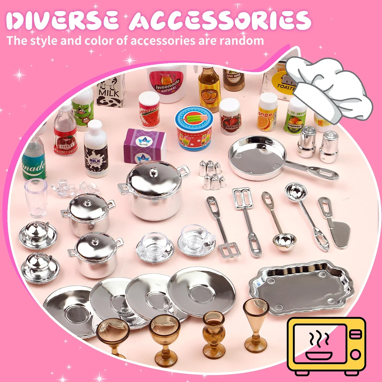 Roze keukencombinatie Fantasiespel 5-delige speelgoedset met licht en geluid, voor meisjes, Kerstmis/Halloween/Thanksgiving/Nieuwjaar