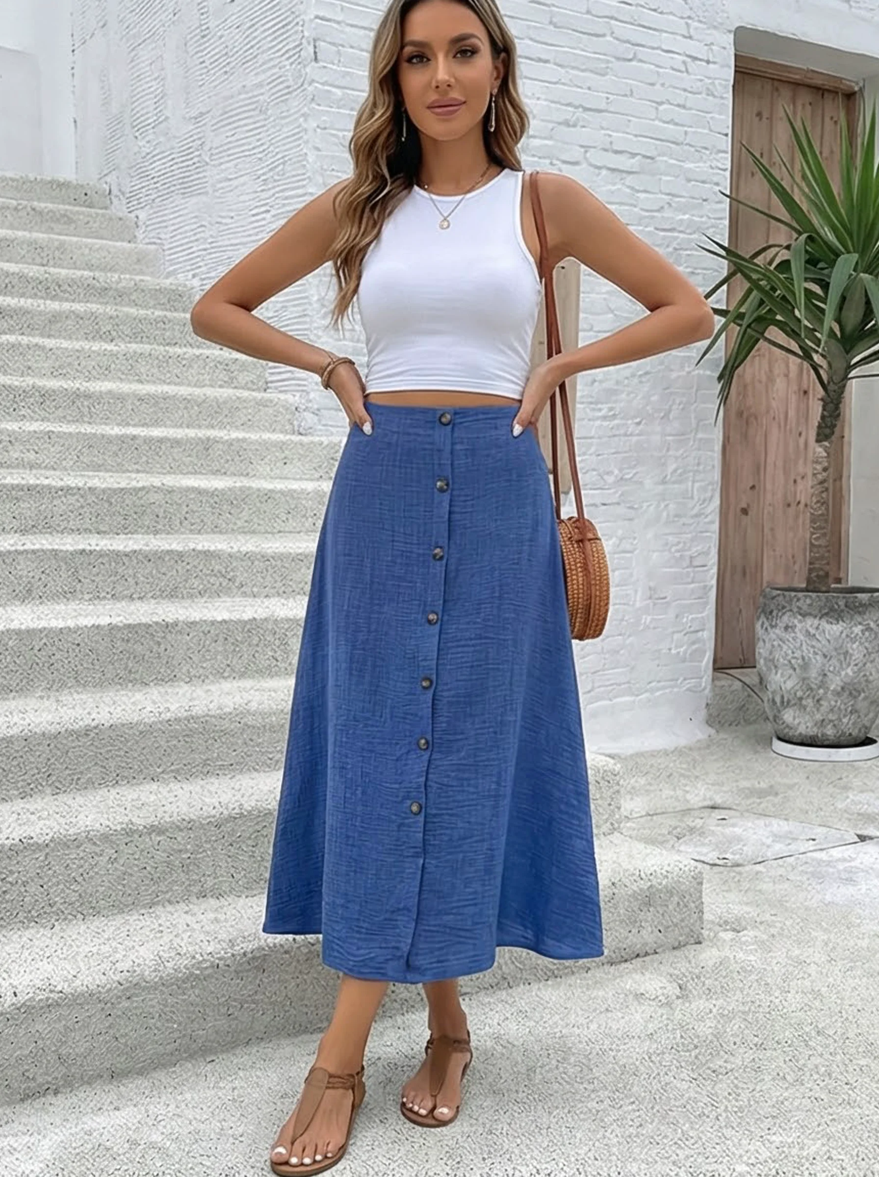 Fashionable Solid Color Long A-Line Half Skirt with Decorative Hemline Elegant Women's Midi Skirt for Casual Wear - view 4