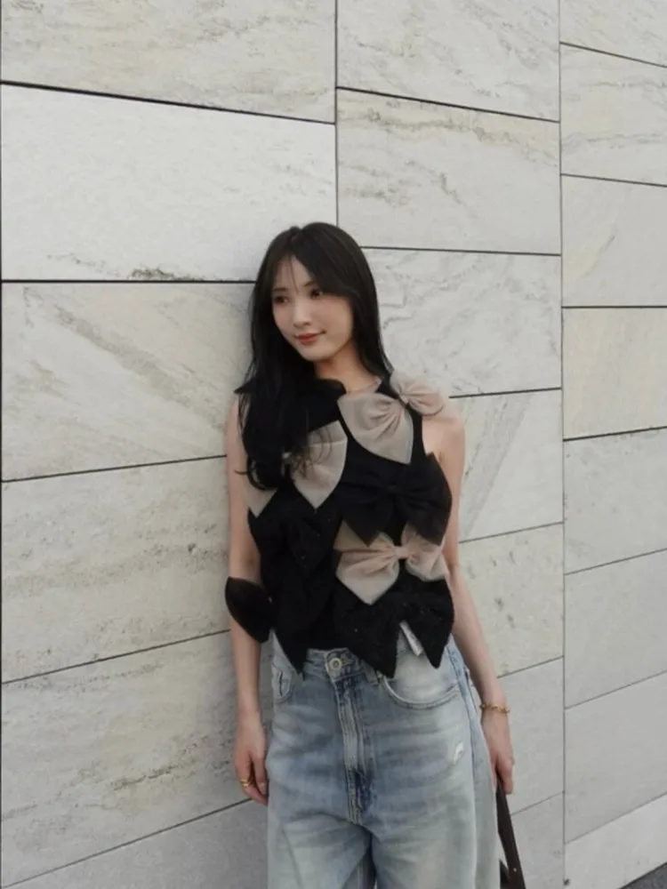 Tanks Top Japanese Style Fashion Three-dimensional Big Bow Knitted Vests Mesh Sleeveless Tops for Women Crew Neck Vest