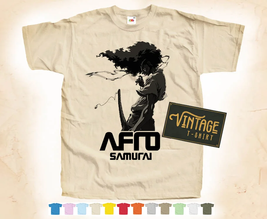 CZARNY Nadruk: Koszulka Afro Samurai Naturalny plakat VINTAGE Bawełna S-5XL