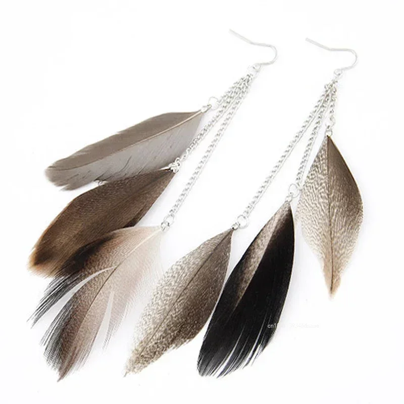 1 par de pendientes largos con borlas de plumas, moda femenina, bohemio, colgante grande para fiesta de boda, joyería, regalo, pendiente colgante para playa