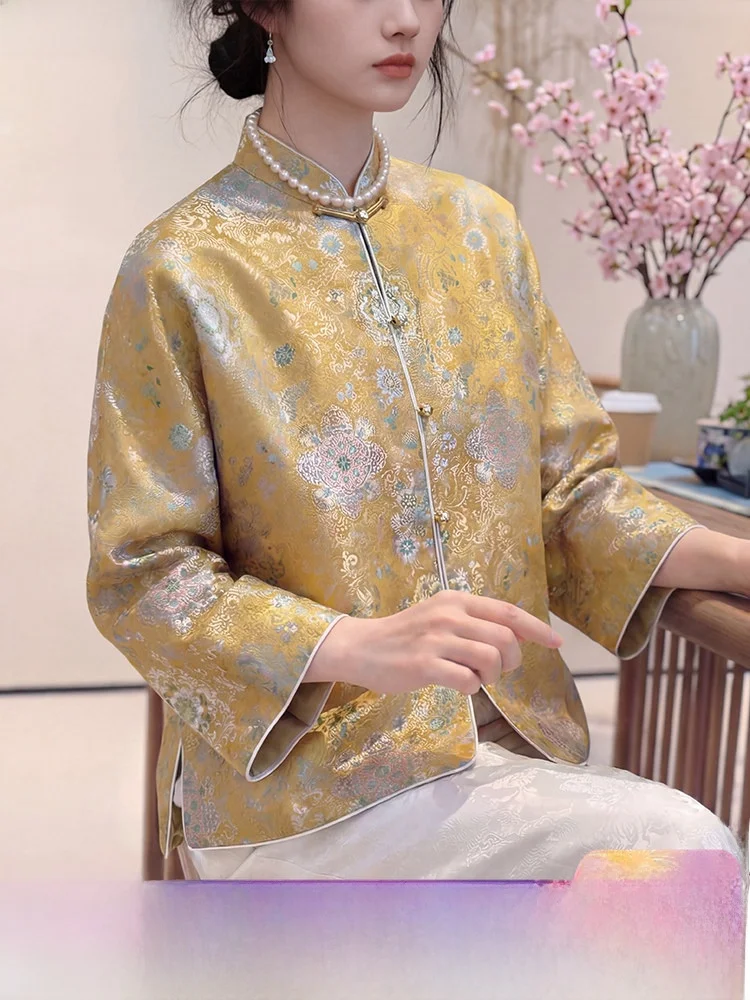 

High-End Silk Song Jin Jaet Women's Early Spring Stand Collar Top New Chinese Sle Women's Faion ort Coat