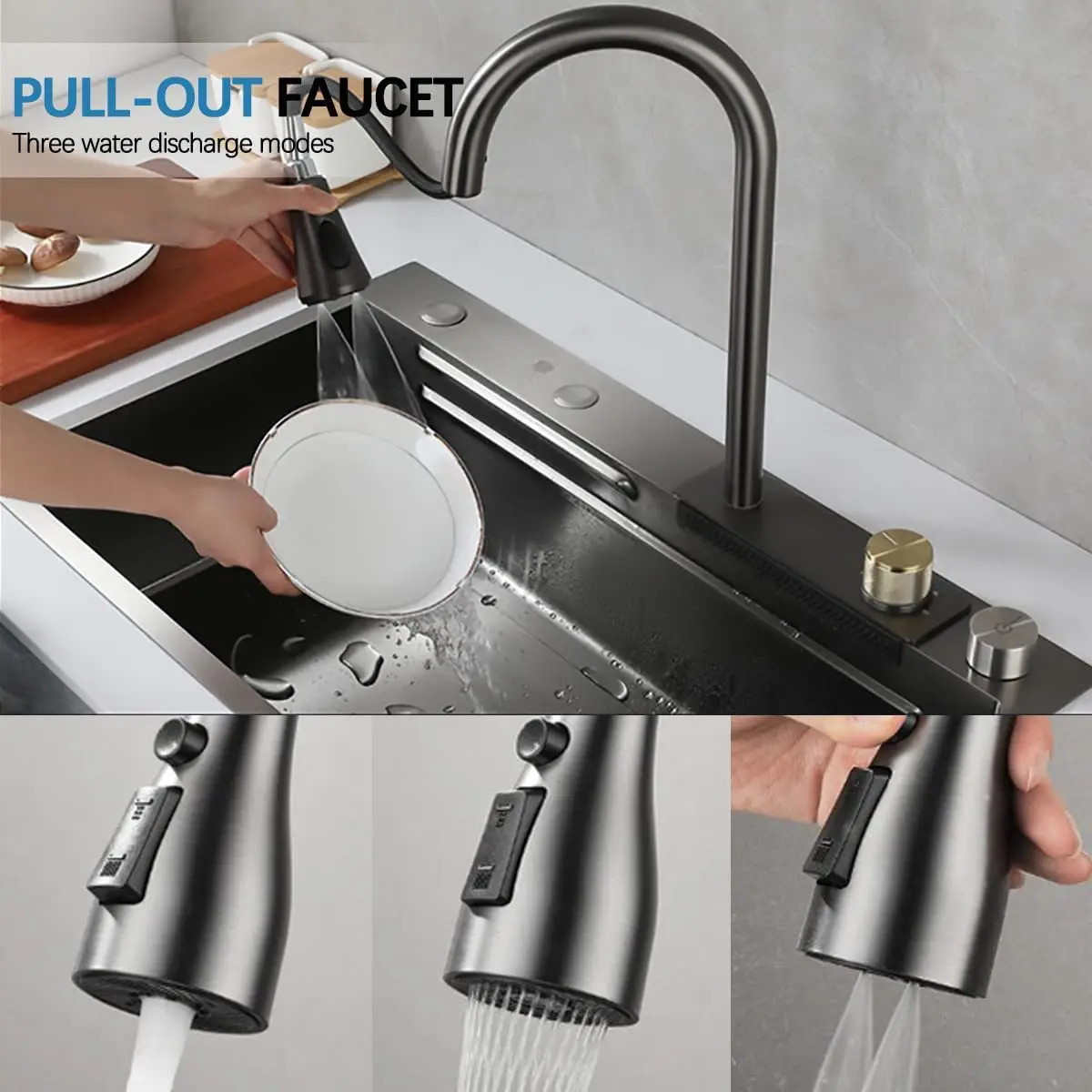 Waterfall Sink Multifunctional 304 Stainless Steel Large Single Slot Kitchen Accessories Gourmet Faucet Kitchen