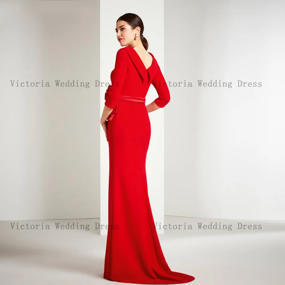 Elegante vestido rojo de la madre de la novia, vestidos de fiesta de boda de sirena con cuello redondo, mangas 3/4, flores, largo hasta el suelo 2023