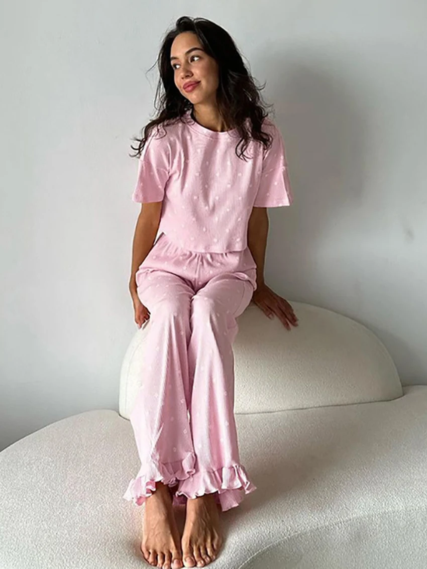 Marthaqiqi Summer Women Nightwear Suit O-Neck Sleepwear Short Sleeve Nightgowns Crop Top Pajama Pants Ladies Nightie 2 Piece Set