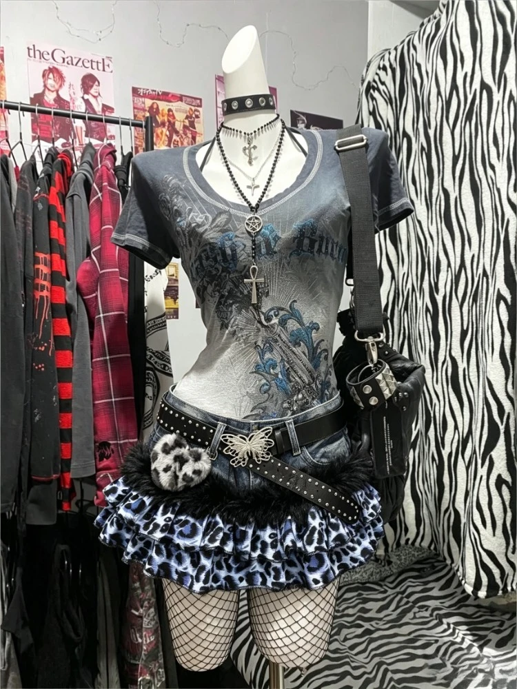 American Vintage Short Sleeve Top + Mini Leopard Denim Skirt Two-Piece Set Women Streetwear Bodycon Subculture Retro 2026
