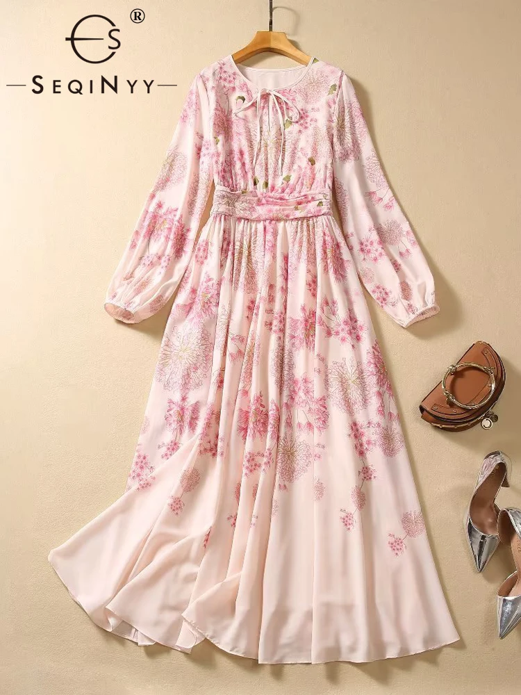 

SEQINYY Elegant Midi Dress Summer Spring New Fashion Design Women Runway High Street Vintage Pink Flowers Print Draped Casual