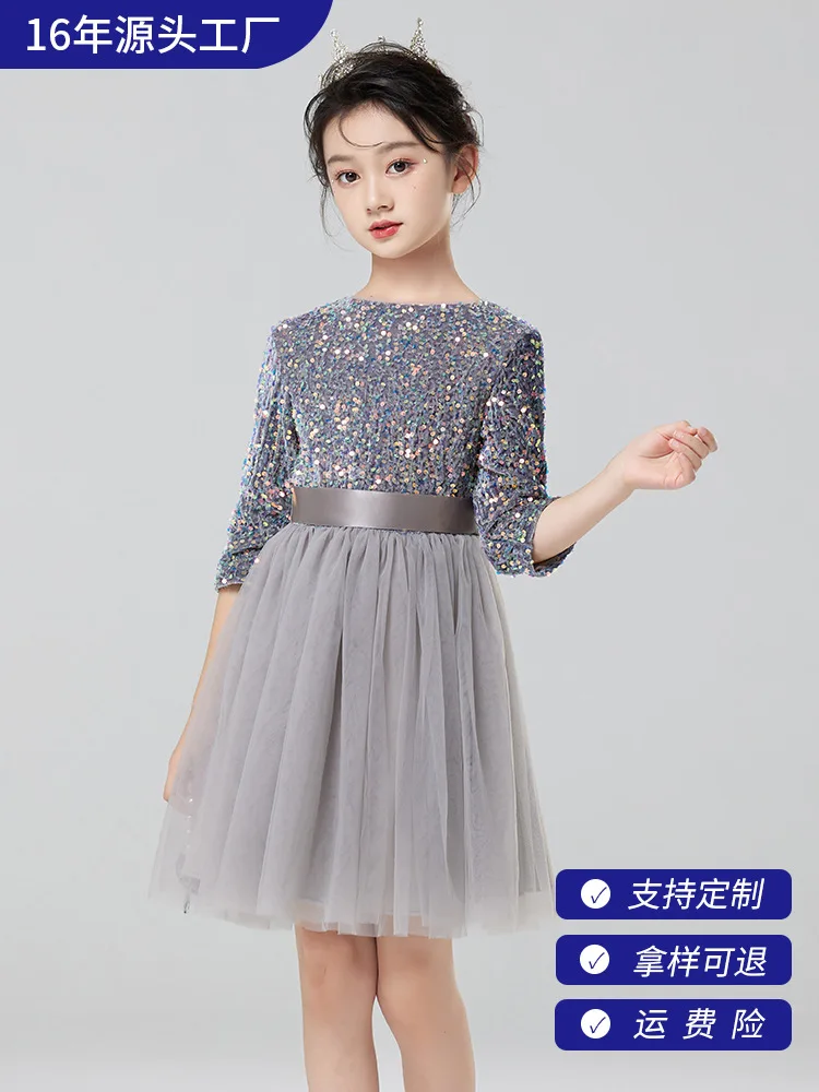 Children's Formal Dress Girl's High-end Mesh Princess Dress Piano Host Performance Dress Short Long-sleeved One-year-old Childre