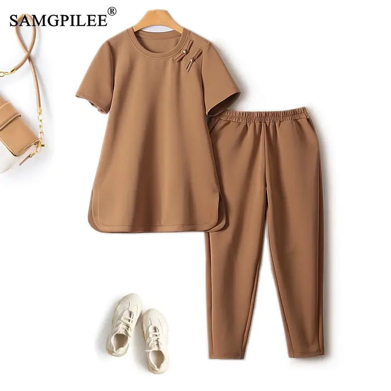 

Pant Sets 2024 New O Neck Solid Plate Button Mid Length Tops Elastic Waist Nine Point Pants National 2 Piece Sets Women Outfit