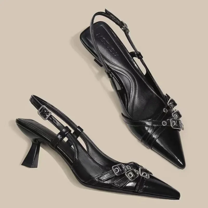 Womens High Heels with Buckle Design and Leather Upper Simple and Versatile Style Suitable for Daily Commuting in Spring Sandals