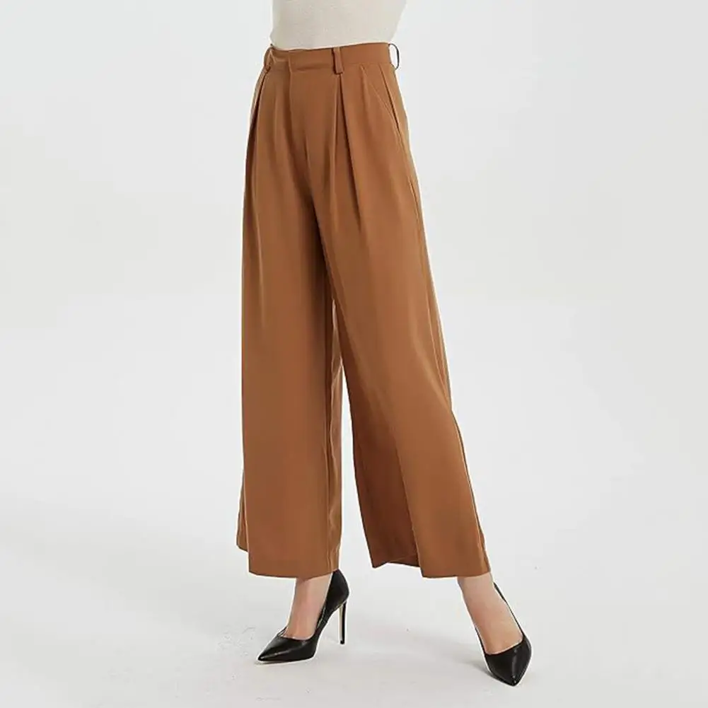 Baggy Pants Fashion Front PocketsWomen Elegant Solid Color High Waist Wide Leg Woman Casual Loose Straight Full Trousers Female