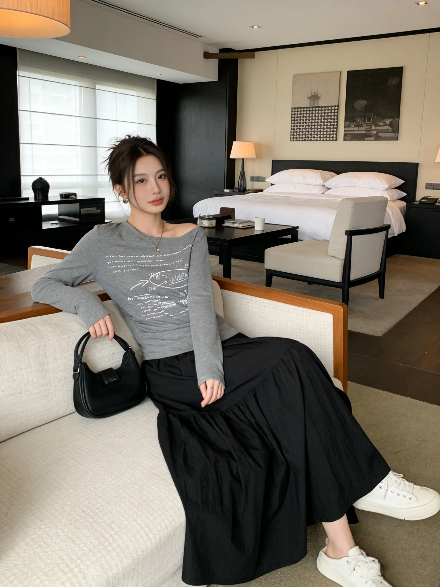 

ay Asymmetrical oulder Printed T-irt Casual Anti-aging Early Spring New Korean Sle Slimming Cake Skirt Two-piece Set