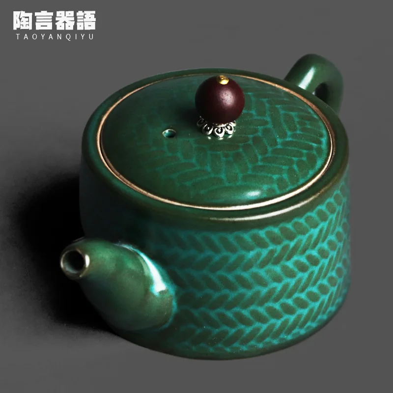 Kiln fired ancient bamboo celadon relief bamboo woven shape hand held teapot antique pottery tea ware coffee wine single pot