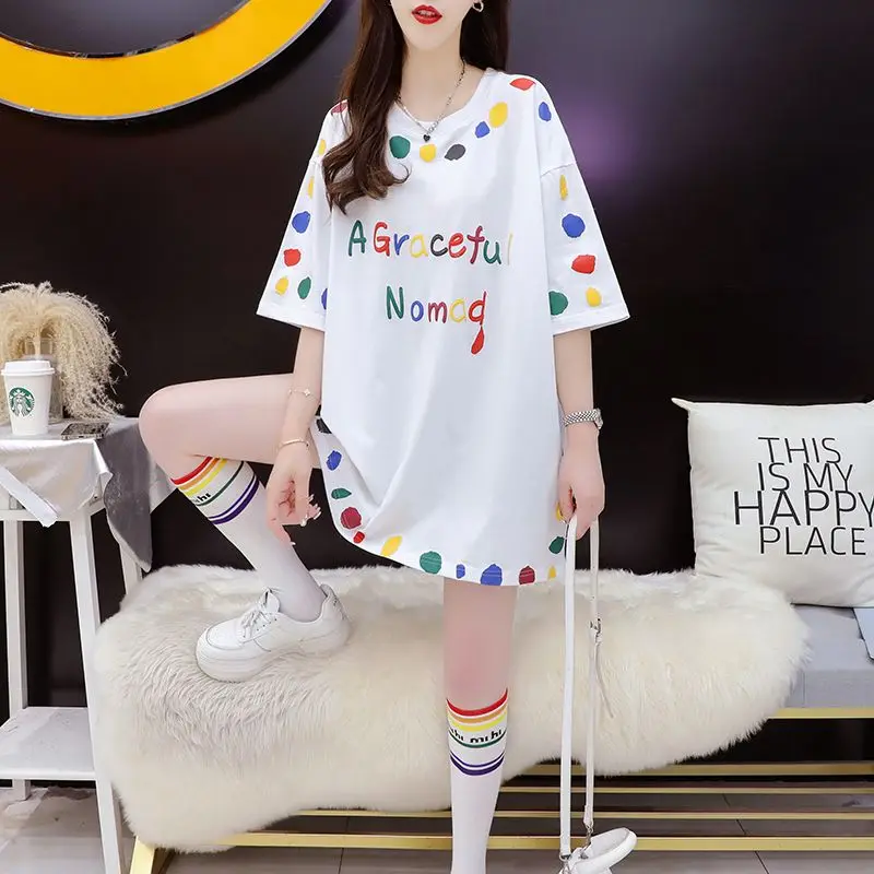 Summer 2024 Loose Size Short sleeved T-shirt for Women's Korean Fashion Slimming Hip Covering Top