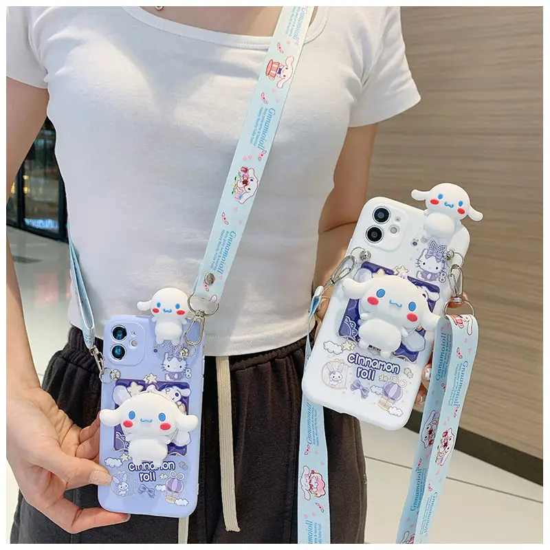 Sanrio 3D Cinnamoroll funda de teléfono con soporte espejo de tocador para iPhone16 15 14 13 12 11 Pro Max funda de silicona suave cuerda cruzada