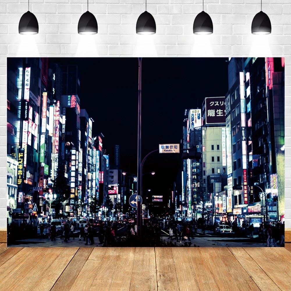 Japanese Street Scene Background Vintage Retro Tokyo Nighttime Tall Buildings Industrial Decor Photography Backdrop Photo Studio