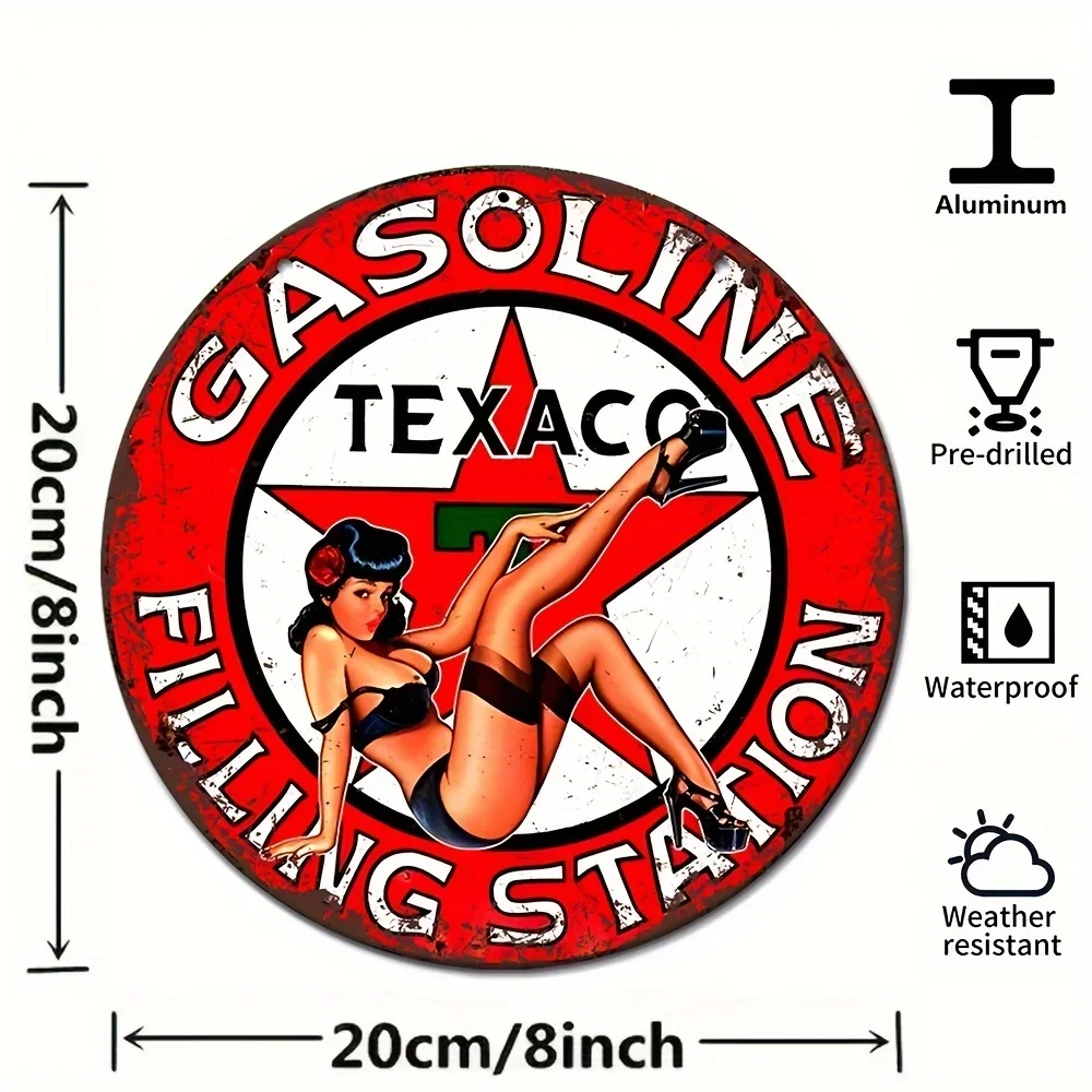 Vintage Round Aluminium Gas Station Pin Up Girl Tin Sign, Red Star Retro Fuel Station Wall Decor for Garage & Auto Shop Home
