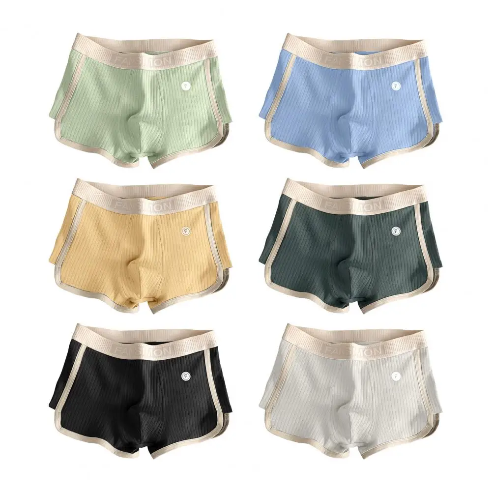 1Pc Men Boxer Underwear Mid-rise Elastic Waistband U-Convex Shorts Briefs Patchwork Color Ribbed Soft Underwear for Daily Wear