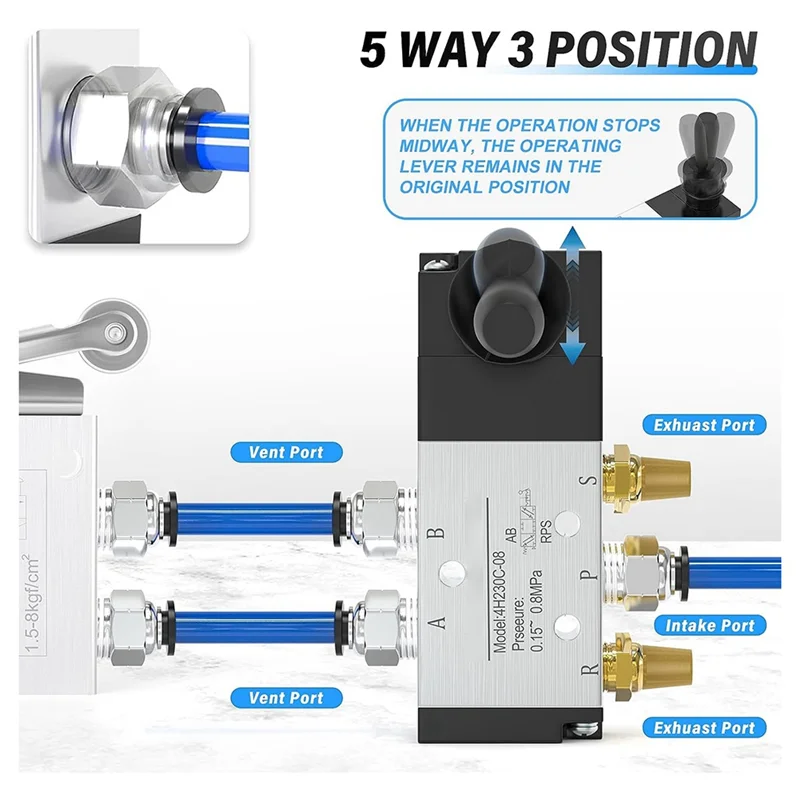 1/4Inch NPT 5 Way 3 Position Air Hand Lever Operated Valve Pneumatic Solenoid Valve Manual Control Push-Pull 4H230C-08