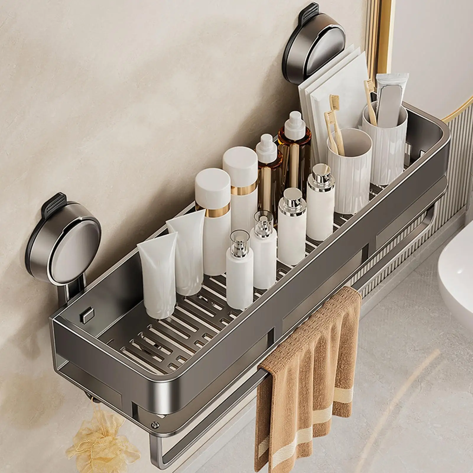 

Suction Cup Bathroom Shelf Wall Toiletries Organizer Rack For Bathroom Large Capacity Countertop Rack For Toiletries Home