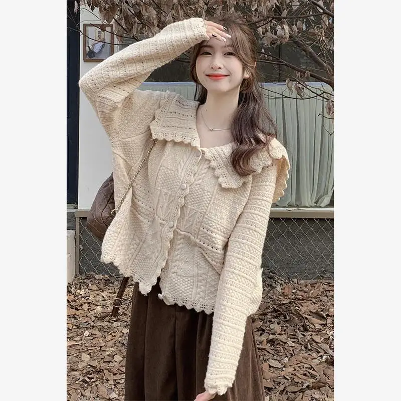 

Loose Korean Sle Doll Collar Sweater Cardigan Women's Autumn Winter New Faion Thin Knitted Top Ci Walk Suitable for Mid...