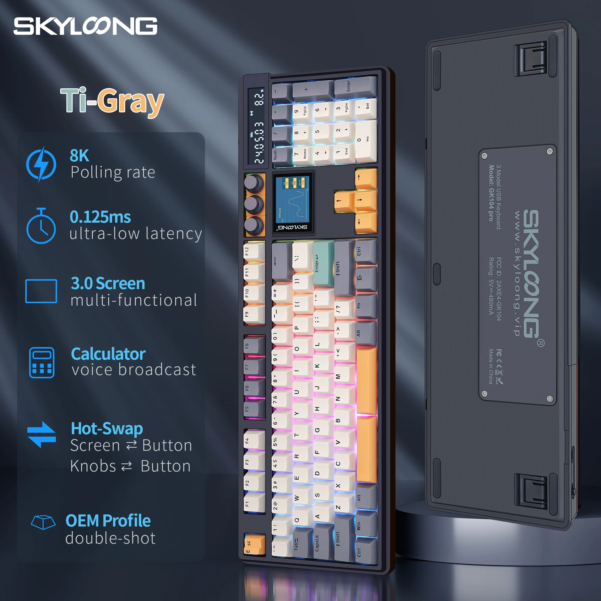 SKYLOONG GK104 Pro kabellose mechanische Tastatur in voller Größe mit geringer Latenz, 3 Modi, 3.0-Bildschirm, 3 Knöpfe, RGB-Hintergrundbeleuchtung, Hot-Swap-fähiger Stummschalter, seitlich gravierte 6