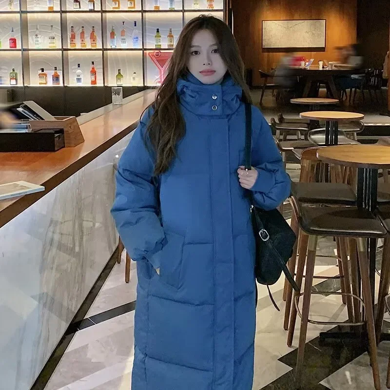 Long Thick Down Cotton-padded Jacket Girls Loose Fashion Solid Color Hooded Students Slim Long Coat