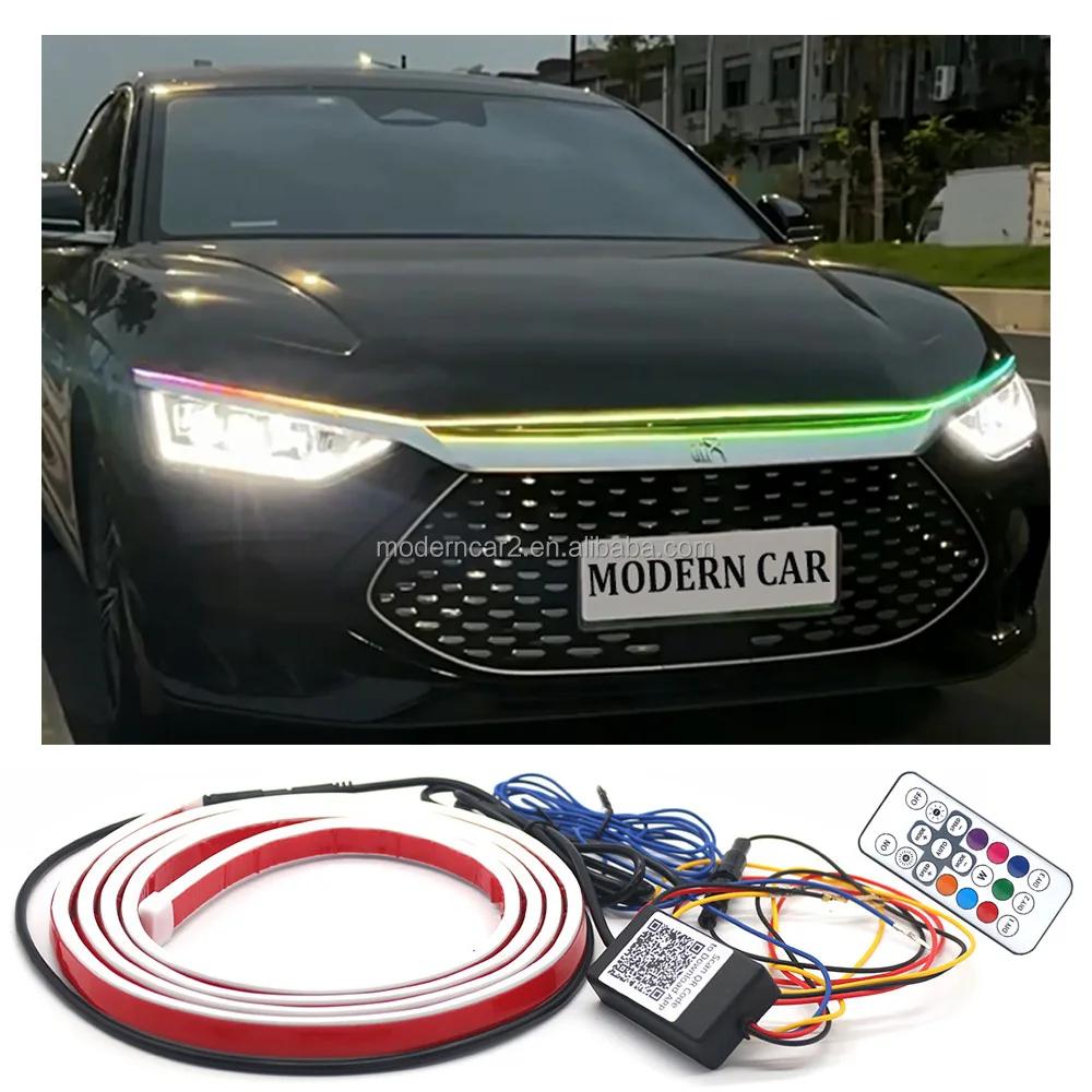 Dynamic RGB Colorful Flowing App Remote LED Car Hood Light Car Headlight Strip DRL Flexible Decorative Atmosphere Lamps Strips