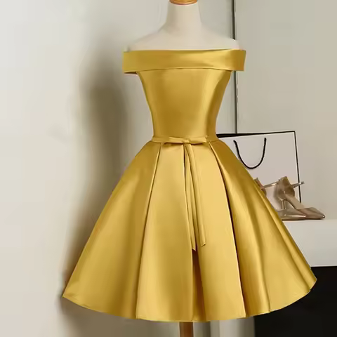 New golden short off shoulder lady girl bridesmaid prom party evening dress performance singing gown