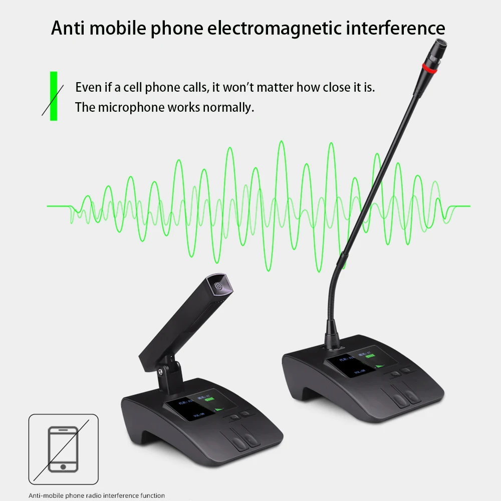 High-end wireless conference discussion system for meeting rooms, featuring chairman and delegate microphones.