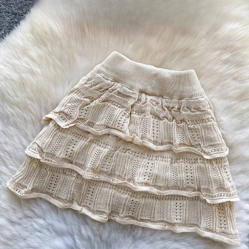 2026 New Summer Women Sweet Hollow Out Crochet Hooks Solid Color Knitted Skirts Multi Layer Ruffles Mini Pleated Skirts