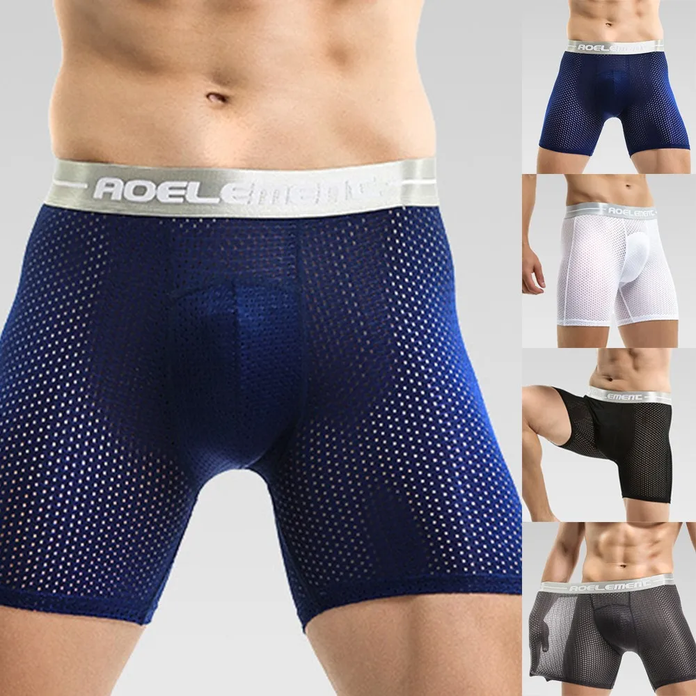 Men Lengthen Seamless Mesh Shortss Bulge Pouch Briefs Super Elastic Underwear Workout Fitness Swim Underpants