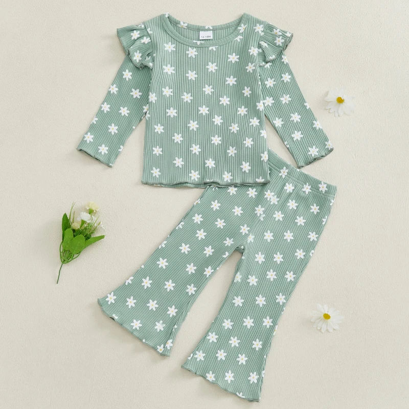 Ensemble de pantalons à fleurs pour filles, t-shirt à col rond à manches longues, pantalon évasé, tenue d'automne pour enfants