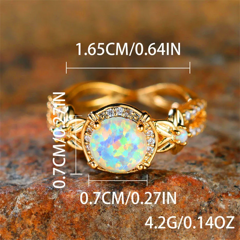 Cute Female Round White Fire Opal Stone Ring Yellow Gold Color Flower Engagement Charm Wedding Jewelry For Women