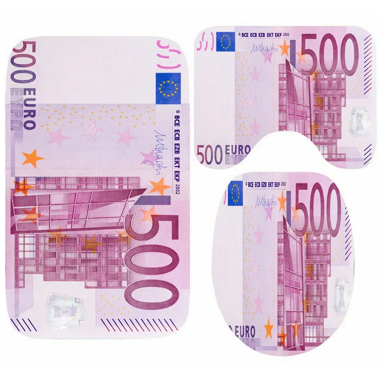 Funny Euro Money Decor Non Slip Bathroom Mat for Toilet Bath Mat Set 3PCS Bill Notes Shower Floor Rug Carpet Toilet Lid Cover