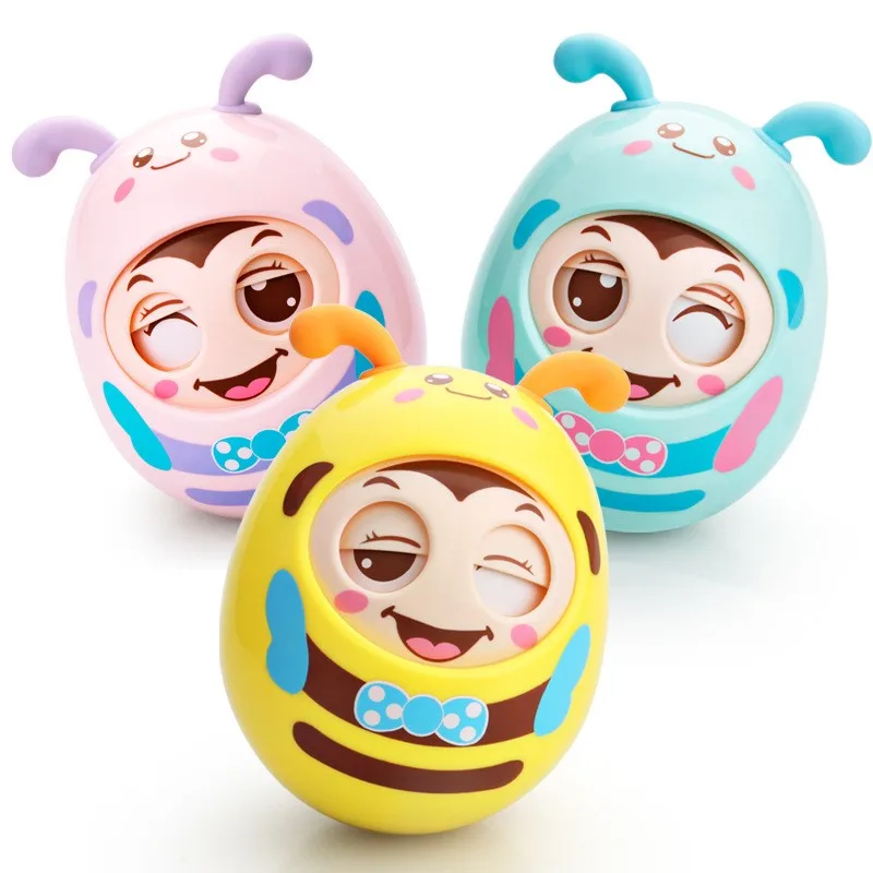 ZK30 Baby Tumbler Rattles Toys Cartoon Mobile Bee Bell Blink Eyes Tumbler Roly-poly Silicone Ear Teether Toys for Newborns Gifts