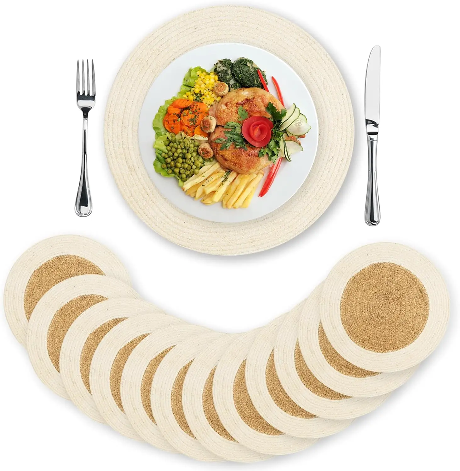 

12-Pack Hand Woven Jute Round Placemats, Natural Beige with White Rim, 13 Inch Farmhouse Rustic Heat Resistant Table Mats