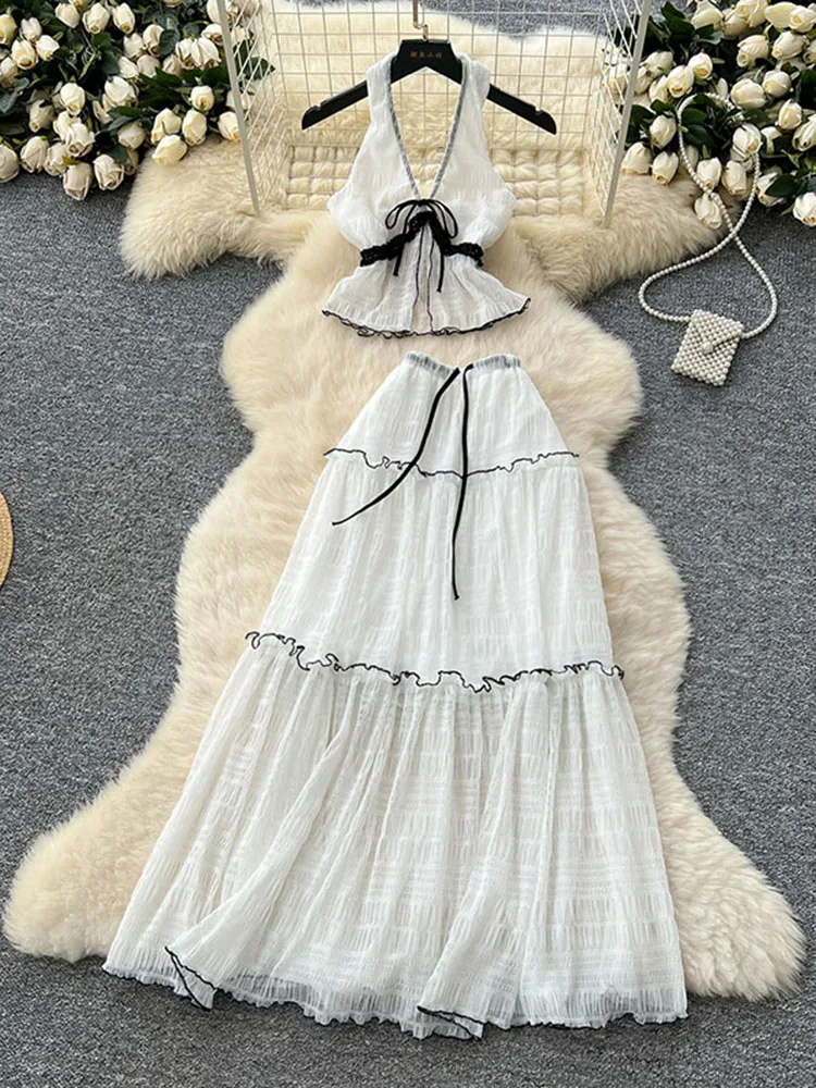 

Summer Women's Vacation Style Lace Two-piece Set New Fashionable Sexy White Hanging Neck Top Half Skirt Two-piece Set S416