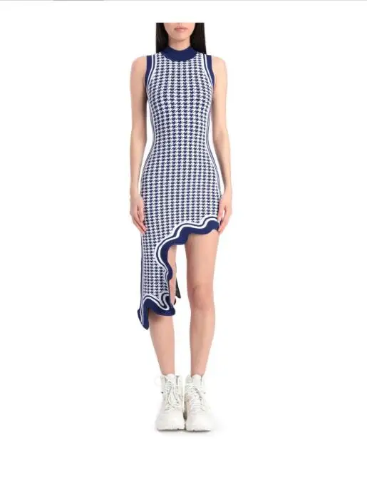 Start New 2022 Asymmetrical Wavy Hem Round Collar Sky Blue black Striped Knit  Sleeveless Dress sexy female knitting dress - AliExpress 200000345
