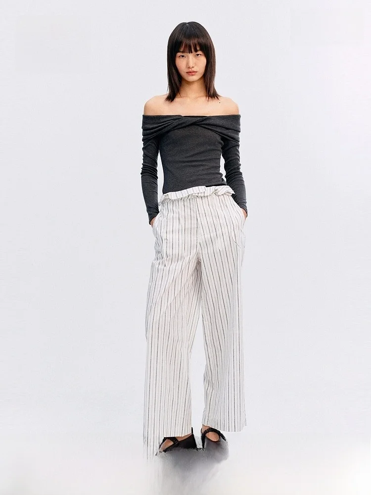 

Spring New Arrival Women's Knitted oulder Bared Top Slim Fit Casual Sle Wool Polyester Lyocell Blend Pullover Sweater