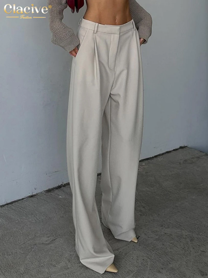 Clacive Fashion Loose Apricot Women Pants 2024 Elegant High Waist Full Length Pants Casual Classic Wide Trousers Female Clothes