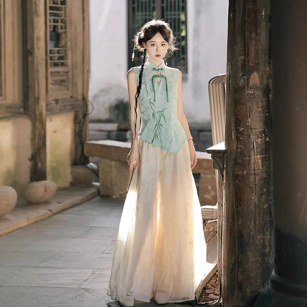 

Fashion Suit Women's Spring and Summer New Chinese Style Sleeveless Top High Waist Slimming Wide Leg Pants Two-piece Set